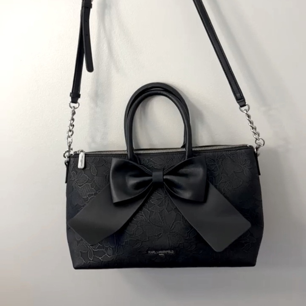 LIKE NEW - KARL LAGERFELD BLACK JACOUARD PRINT REMOVABLE CROSS BODY STRAP